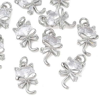 SHEGRACE Brass Cubic Zirconia Pendants, Cat Shape Charms, Cadmium Free & Lead Free & Nickel Free