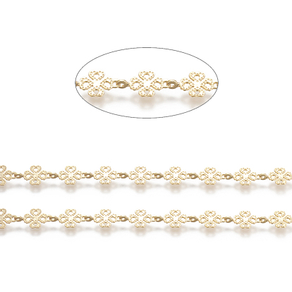 Brass Handmade Beaded Chains,  Link Chain, Long-Lasting Plated, Soldered, with Spool, Textured Four Leaf Clover