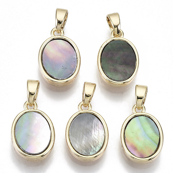 Natural Black Lip Shell Charms, with Brass Findings, Nickel Free, Oval