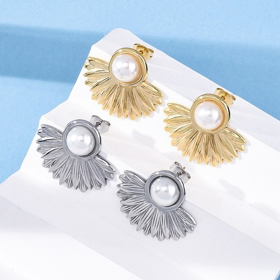 304 из нержавеющей стали серьги, с пластиковой имитационной жемчужиной, цветок, вакуумное покрытие pvd