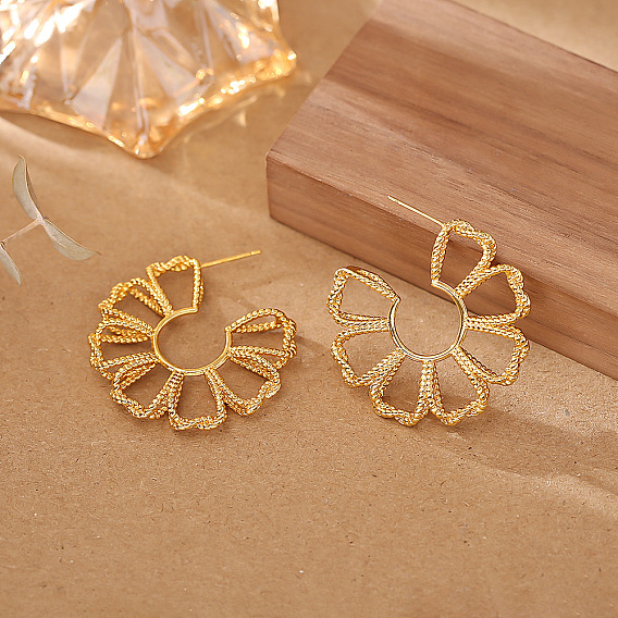Brass Stud Earrings for Women, Flower, Half Hoop Earrings