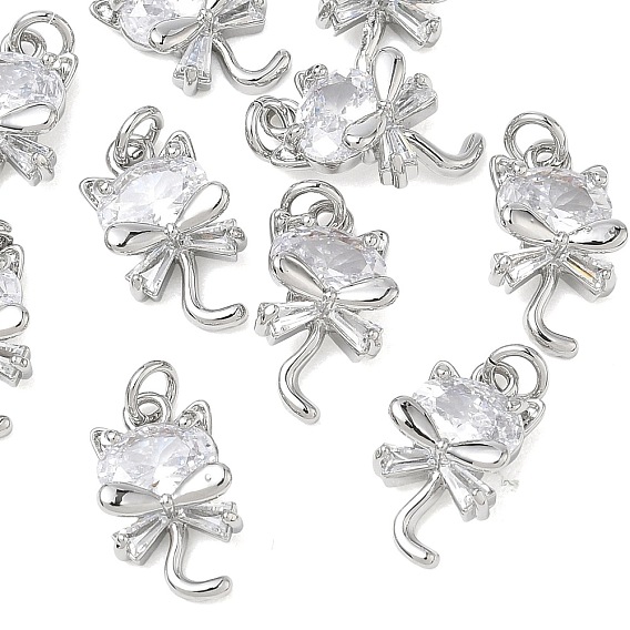 SHEGRACE Brass Cubic Zirconia Pendants, Cat Shape Charms, Cadmium Free & Lead Free & Nickel Free