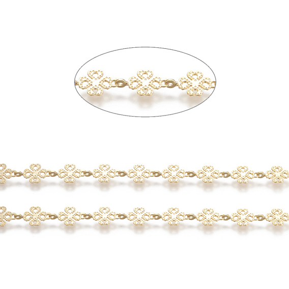 Brass Handmade Beaded Chains,  Link Chain, Long-Lasting Plated, Soldered, with Spool, Textured Four Leaf Clover