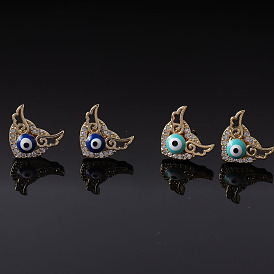 18K Gold Plated Owl Devil Eye Heart Stud Earrings with Zirconia for Women