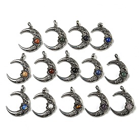 Gemstone Pendants, Alloy Flower Crescent Moon Charms, Antique Silver