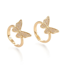Adjustable Brass Micro Pave Clear Cubic Zirconia Finger Rings, Butterfly
