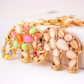 Colorful Elephant Animal Keychain with Cat Eye Stone Pendant