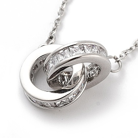 201 Stainless Steel Cable Chain Necklaces, Brass Clear Cubic Zirconia Double Rings Pendant Necklaces