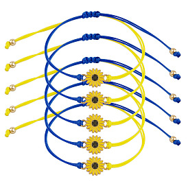 Adjustable Friendship Bracelet with Alloy Sunflower Daisy Blue Yellow Wax Cord Weaving