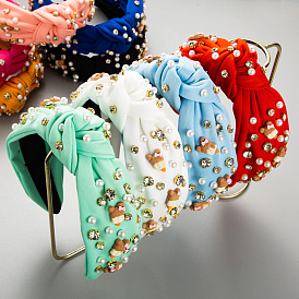 Cute Candy-Colored Fabric Headband with Wide Knot, Rhinestone and Pearl Embellishments