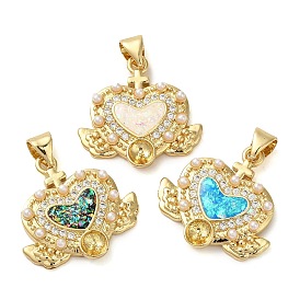 Rack Plating Brass Micro Pave Clear Cubic Zirconia Pendants, with Plastic Pearl Beads and Opal, Cadmium Free & Lead Free, Long-Lasting Plated, Real 18K Gold Plated, Heart