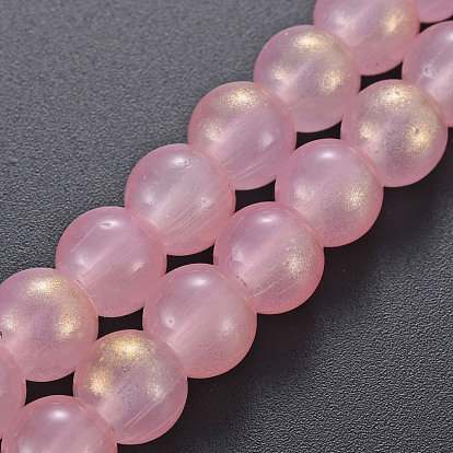 Transparent Spray Painted Glass Beads Strands, with Glitter Powder, Round