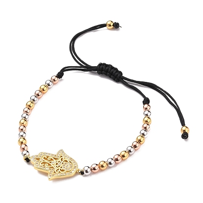 Adjustable Nylon Thread Braided Bead Bracelets, with Round Brass Beads and Brass Micro Pave Clear Cubic Zirconia Links, Hamsa Hand