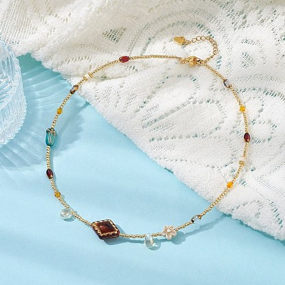 Glass Seed & Acrylic Beaded Necklaces, Flower & Rhombus & Teardrop