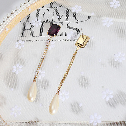 Luxury Long Gold-Plated Silver Earrings with K9 Glass Gemstone Chain