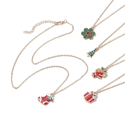 5Pcs 5 Styles Iron Cable Chains Necklaces, with Alloy Enamel Pendant Necklaces
