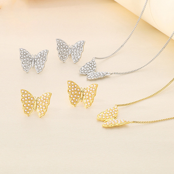 Бабочка 304 ожерелья из нержавеющей стали с жемчугом-ракушкой и серьги-гвоздики