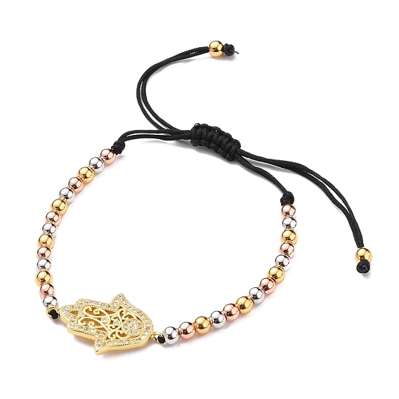 Adjustable Nylon Thread Braided Bead Bracelets, with Round Brass Beads and Brass Micro Pave Clear Cubic Zirconia Links, Hamsa Hand