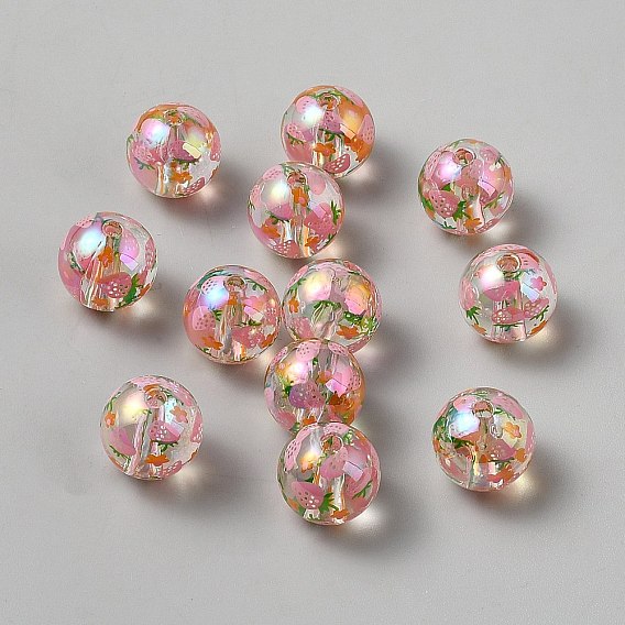 Printed Transparent Acrylic Beads, Round with Strawberry