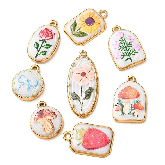 Printed 304 Stainless Steel Pendants, with Enamel, Flower and Fruit Pattern Charms