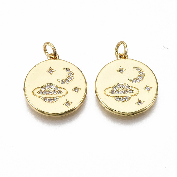 Латунные микропаве прозрачные подвески с фианитом, с целью перехода в кольце, без никеля , плоский круглый со звездой / луной / вселенной
