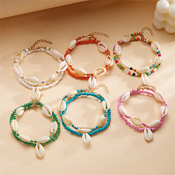 Bohemian Style Natural Cowrie Shell Charm & Glass Seed Beaded Stretch Double Layer Anklets for Women, Golden
