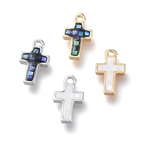 Natural Shell Tiny Cross Charms, with Brass Findings