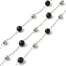 Chaînes de perles rondes en agate noire naturelle, avec 304 chaînes de câble en acier inoxydable, soudé, avec bobine