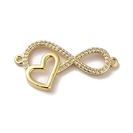 Eco-Friendly Rack Plating Brass Micro Pave Clear Cubic Zirconia Connector Charms, Long-Lasting Plated, Lead Free & Cadmium Free, Infinity with Heart