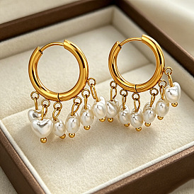Boucles d'oreilles pendantes créoles en acier inoxydable et perles d'imitation, cœur