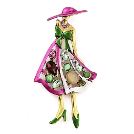 Zinc Alloy Rhinestone Girl Brooches, Elegant Lady Enamel Pins for Women, Antique Golden