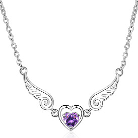 Purple Zircon Heart-shaped Short Clavicle Chain Necklace - Angel Wings Pendant Jewelry.