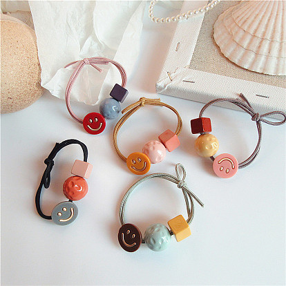 Cute Colorful Smiley Bead Hair Rope - Simple Elastic Hair Band Accessory