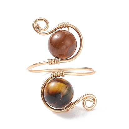 Round Gemstone Braided Open Cuff Ring, Copper Wire Wrap Jewelry for Women, Golden