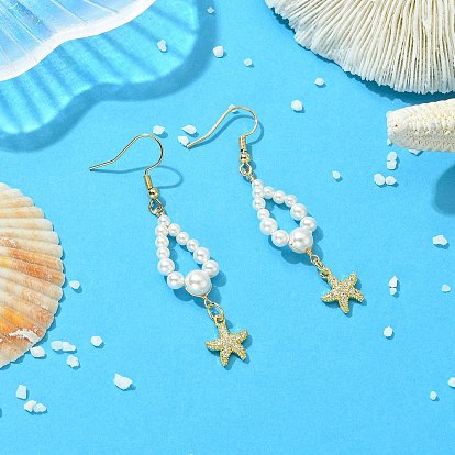 Shell Pearl and Brass Micro Pave Cubic Zirconia Charms Dangle Earring, 304 Stainless Steel Dangle Earrings for Women