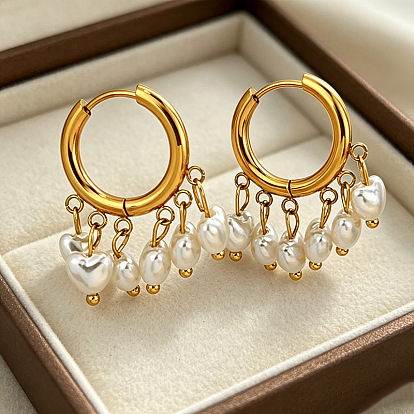 Boucles d'oreilles pendantes créoles en acier inoxydable et perles d'imitation, cœur