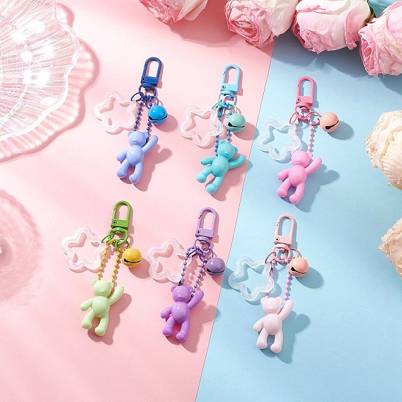 6 шт 6 цвета акриловый медведь и цветок подвеска украшение, застежки из сплава подвески для украшений сумок, с железом колокол
