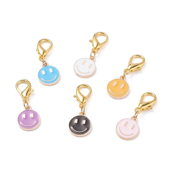 Alloy Enamel Pendants Decoration, with Zinc Alloy Lobster Claw Clasps, Flat Round with Smiling Face