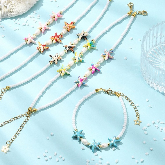 Glass Seed Beads & Synthetical Turquoise & Natural Cultured Freshwater Pearl Beaded Bracelets for Women, Starfish