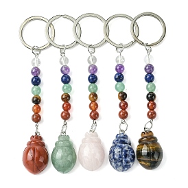 Beetle Natural Gemstone Keychain, with 7 Chakra Beads and Iron Key Rings, for Women Men Hanging Car Bag Charms