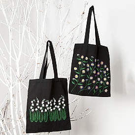 DIY Canvas Bag Embroidery Kits, Include Black Bag, Embroidery Thread & Needles, Plastic Embroidery Hoops