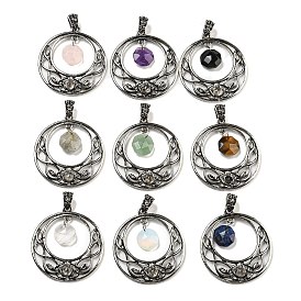 Gemstone Faceted Octagon Pendants, Antique Silver Tone Rack Plating Alloy Hollow Flat Round Charms, Lead Free & Cadmium Free