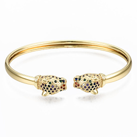 Brass Micro Pave Cubic Zirconia Cuff Bangles, Nickel Free, Leopard, Colorful