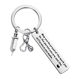 Seringue d'injection et stéthoscope et rectangle avec porte-clés pendentif en alliage de mots, porte-clés en acier inoxydable à thème médical