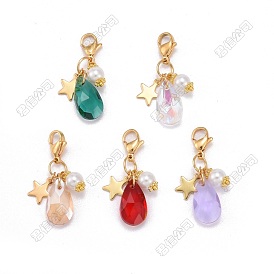 Decoraciones colgantes con forma de lágrima de vidrio y perlas de imitación y estrellas, con 304 broches de langosta de acero inoxidable dorado
