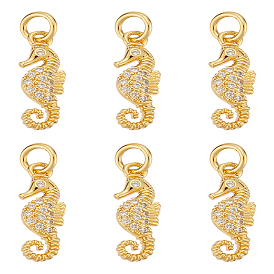 6Stk. Messing Micro Pave Zirkonia Anhänger, mit Sprungring, Seepferdchen-Anhänger