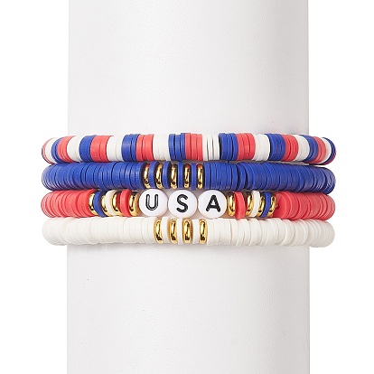 4Pcs 4 Style Independence Day Polymer Clay Heishi Surfer Stretch Bracelets Set, Word USA Acrylic Beaded Preppy Bracelets for Women