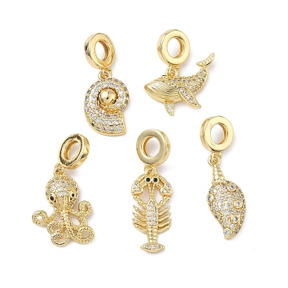Латунные подвески с микропаве из прозрачных кубических цирконий в виде морских животных в европейском стиле, Подвески с большими отверстиями, реальный 18 k позолоченный, без кадмия и без свинца, долговечный, стойки покрытие