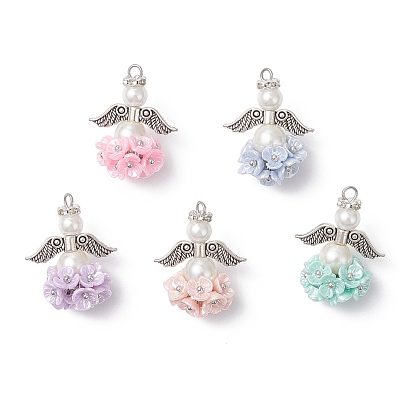 5шт акриловые подвески, ангел, со стеклянным жемчугом, бусина из искусственного жемчуга из смолы, Бусины-разделители из сплава и железа в тибетском стиле с кристаллами и стразами