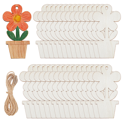 40Pcs Flower DIY Painting Materials Wood Pendants, with Jute Rope